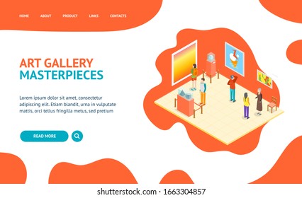 Museum Hall Interior Landing Web Page Template Isometric View Contemporary Art. Vector illustration