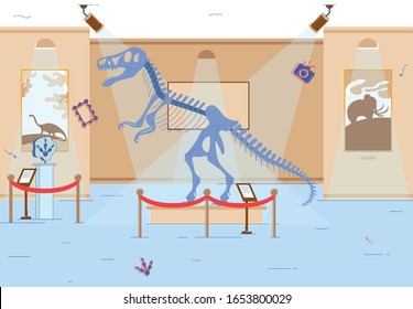 Museum Hall Interior. Mesozoic Era Theme Exposition. Dinosaur Skeleton, Fossils and Footprints. Exhibits with Informative Plates for Educational Purpose. Science Display to Satisfy Visitors Curiosity.