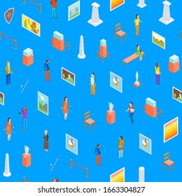 Museum Hall Seamless Pattern Background Isometric View Include of Column, Artifact, Picture, Visitor, Exposition and Excursion. Vector illustration