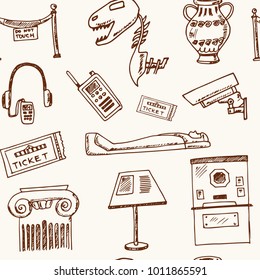 Museum Hand drawn doodle seamless pattern. Vector illustration. Symbol collection.