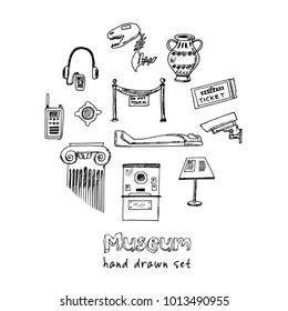 Museum Hand drawn doodle set. Vector illustration. Isolated elements on white background. Symbol collection.