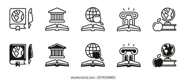 museum history book icon line set ancient medieval building journal literature research learning signs vector outline illustration