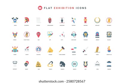 Museum, history and culture, art gallery with picture and ancient vase, column color icon set. archeology and paleontology exhibits, entrance signs and antique flat elements vector illustration