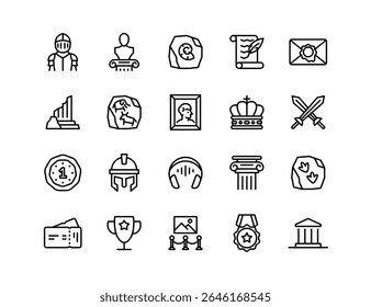 Museum and History Vector Icon Set | Adjustable Line Weight | Knight, throne, scroll, painting, crown, swords, column, artifact, trophy, medal, architecture, document