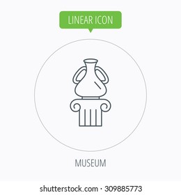 Museum icon. Antique vase on pillar sign. Linear outline circle button. Vector