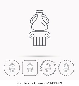 Museum icon. Antique vase on pillar sign. Linear circle, square and star buttons with icons.