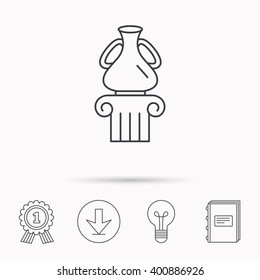 Museum icon. Antique vase on pillar sign. Download arrow, lamp, learn book and award medal icons.