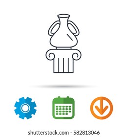 Museum icon. Antique vase on pillar sign. Calendar, cogwheel and download arrow signs. Colored flat web icons. Vector