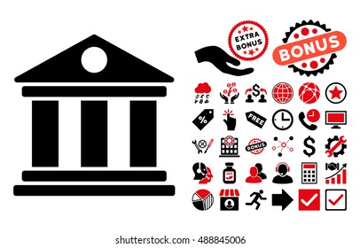 Museum icon with bonus images. Vector illustration style is flat iconic bicolor symbols, intensive red and black colors, white background.