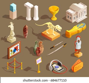Museum icon isometric set of isolated exhibit items and essential elements for attending museum tour vector illustration