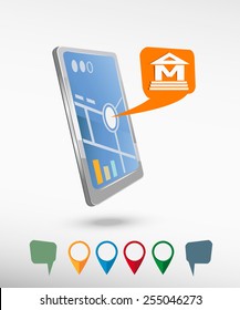 Museum icon and perspective smartphone vector realistic. Set of bright map pointers for printing, website, presentation element and application mockup.