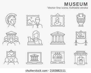 Conjunto de iconos del museo. Colección de arte, historia, antigüedad, galería y más. Ilustración vectorial. Trazo editable.