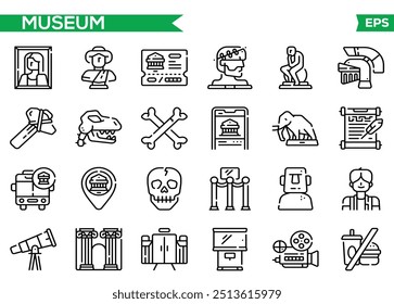 Museum icon set. Collection of exhibition hall, history, antique, gallery and more. Vector illustration. Editable stroke.