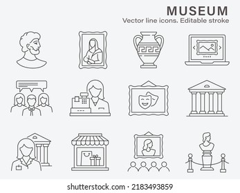 Museum icon set. Collection of sculpture, history, antique, gallery and more. Vector illustration. Editable stroke.