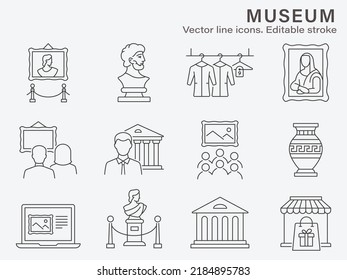 Museum icon set. Collection of statue, history, antique, gallery and more. Vector illustration. Editable stroke.