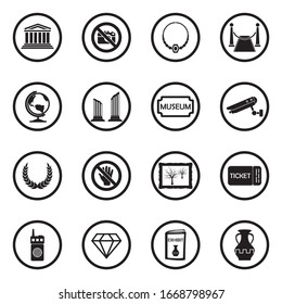 Museum Icons. Black Flat Design In Circle. Vector Illustration.