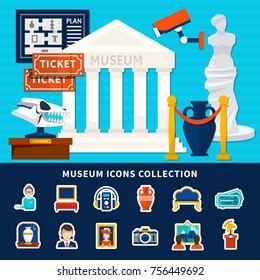 Museum icons collection of antique exposure caretaker ticket artworks  museum building with title and columns flat vector illustration