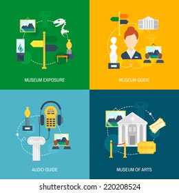 Museum icons flat set of exposure audio guide arts isolated vector illustration