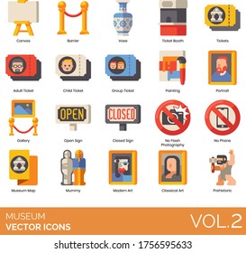 Museum icons including canvas, barrier, vase, ticket booth, adult, child, group, painting, portrait, gallery, open sign, no flash photography, no phone, map, mummy, modern, classical art, prehistoric.