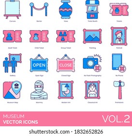 Museum icons including canvas, barrier, vase, ticket booth, adult, child, group, painting, portrait, gallery, closed sign, no flash photography, no phone, mummy, modern, classical art, prehistoric.
