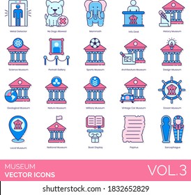 Museum icons including metal detector, no dogs allowed, mammoth, science, portrait gallery, architecture, design, geological, military, vintage car, ocean, local, national, book display, papyrus.