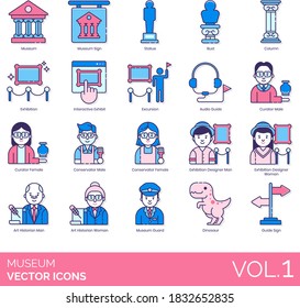 Museum icons including sign, statue, bust, column, interactive exhibit, excursion, audio guide, curator, conservator, exhibition designer, art historian, guard, dinosaur.