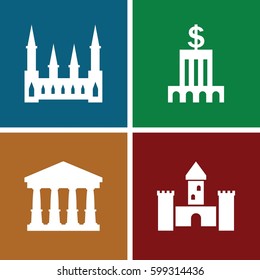 museum icons set. Set of 4 museum filled icons such as court, castle