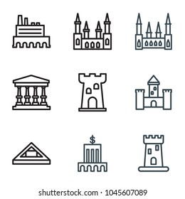 Museum icons. set of 9 editable outline museum icons such as castle, bank, court