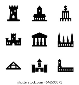 Museum icons set. set of 9 museum filled icons such as castle, court