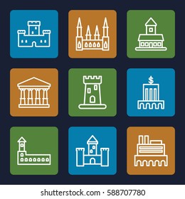 museum icons set. Set of 9 museum outline icons such as castle, court