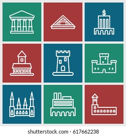 Museum icons set. set of 9 museum outline icons such as castle, court, Louvre