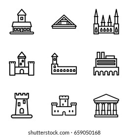 Museum icons set. set of 9 museum outline icons such as castle, court