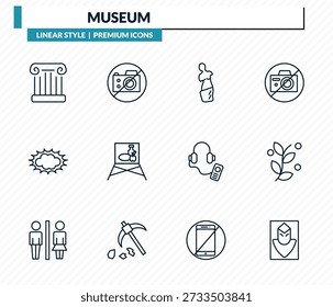 conjunto de ícones museu - coluna antiga, sem foto, vênus de milo, botânico, el greco coleção de vetores outline.