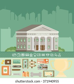 Museum icons set with building. Flat vector.