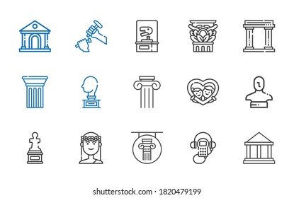 museum icons set. Collection of museum with audio guide, column, muse, sculpture, statue, frame, dinosaur. Editable and scalable museum icons.