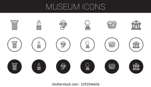 museum icons set. Collection of museum with column, sculpture, audio guide, frame. Editable and scalable museum icons.