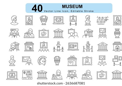 Museum Icons set. Editable Vector Icons of Gallery, History, Exhibition Hall, Antique Artifacts Culture