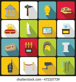 Museum icons set in flat style. Antique and culture symbols set collection. Paint art museum vector illustration