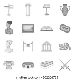 Museum icons set. Gray monochrome illustration of 16 museum vector icons for web