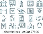 Museum icons set isolated on white background exhibits, artifacts, and cultural heritage symbols in a minimalist line art style for museum related designs