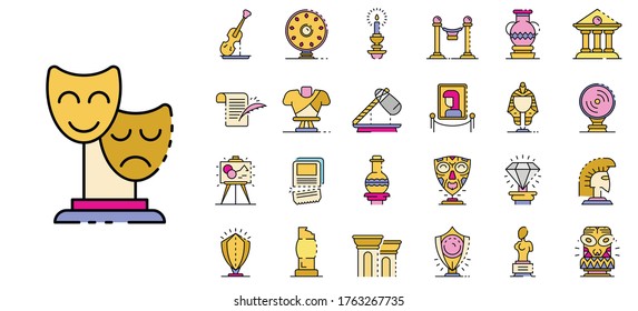 Museum icons set. Outline set of museum vector icons thin line color flat isolated on white