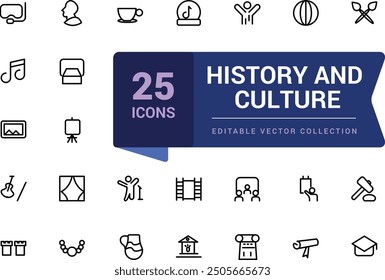 Museum icons set. Pixel perfect, minimalistic web and UI icon. Outline icons collection. Editable vector illustration. Isolated on white background.