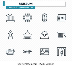 Conjunto de iconos de museo: reliquias, electrónica, máscara africana, cuna de Newtons, colección de Vector de contorno de detector de metales.