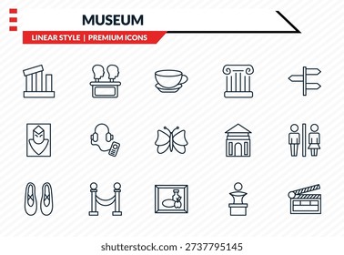 museum icons set - relics, remains, el greco, still life, cinema outline vector collection.