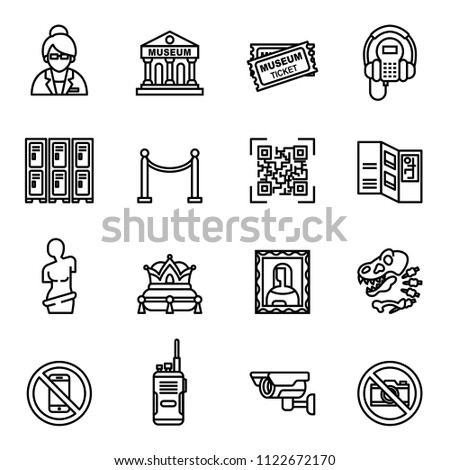 museum icons set with white background. museum exhibits collection. Thin Line Style stock vector.