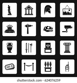 Museum icons set in white squares on black background simple style vector illustration