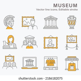 Museum icons, such exhibit, culture, antique, helmet and more. Vector illustration isolated on white. Editable stroke.