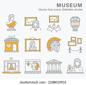 Museum icons, such exhibit, culture, antique, helmet and more. Vector illustration isolated on white. Editable stroke.