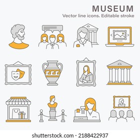 Museum icons, such as gallery, exhibit, culture, antique and more. Vector illustration isolated on white. Editable stroke.