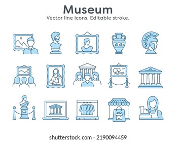 Museum icons such as sculpture, antiques, helmet, exhibition and more. Vector illustration isolated on white. Editable stroke.